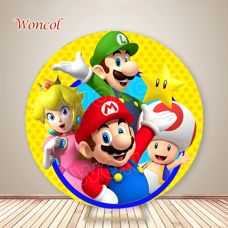 Fondo redondo de Super Mario Bros, fondo de cumpleaños de princesa melocotón, cubierta de cilindro de Mario Toad Luigi, accesorio de decoración de cumpleaños para niño