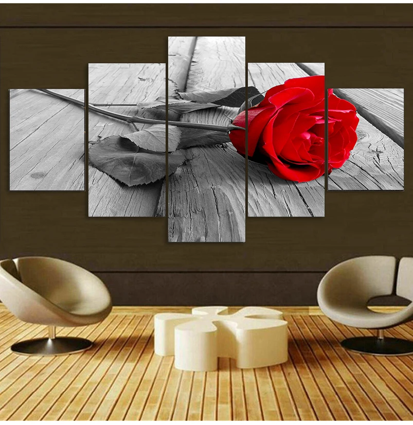 HD Home Decoration Canvas Pictures Living Room Modern 5 Panel Red Rose Flowers Printed Painting Wall Art Modular Poster Frame