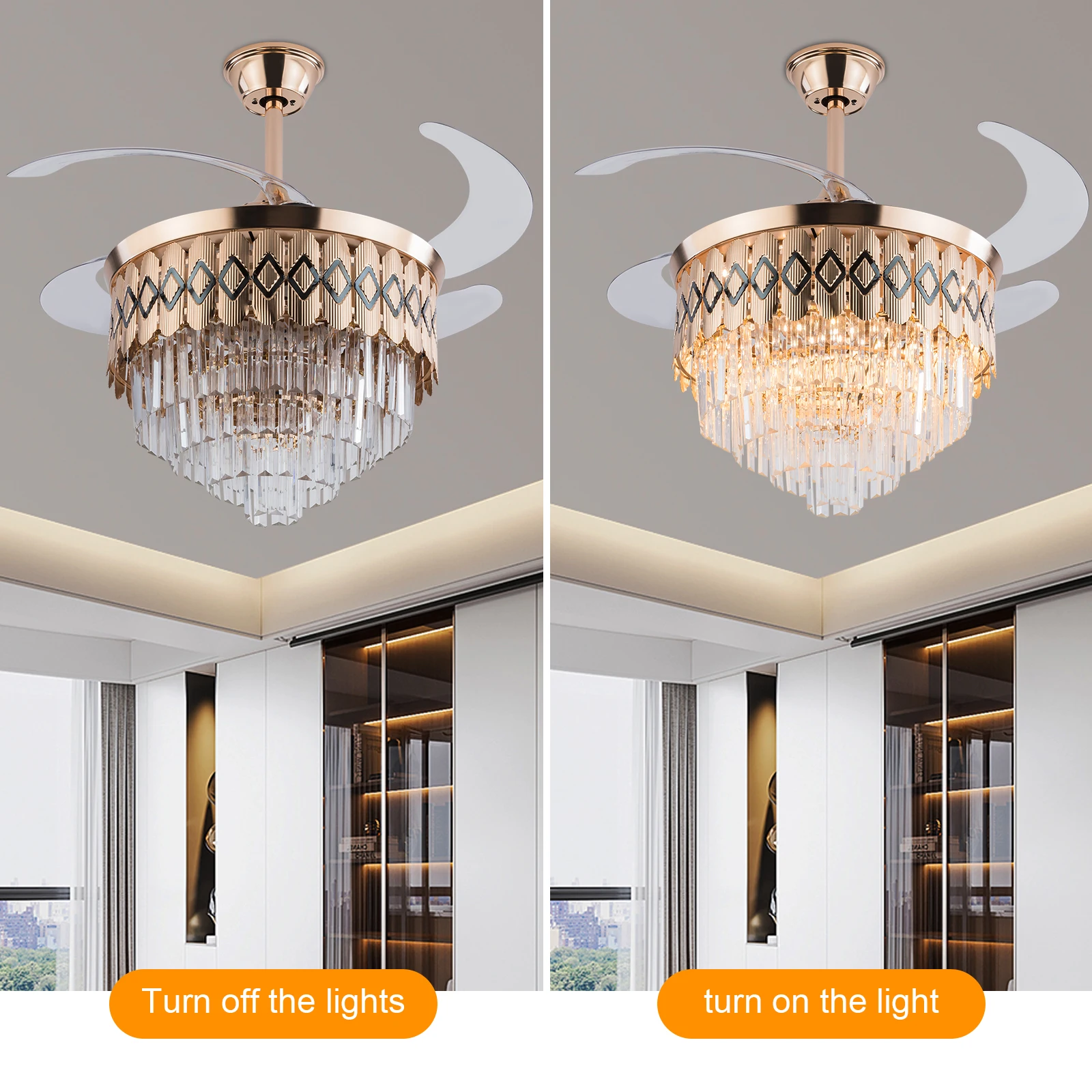 

42-дюймовый современный потолочный вентилятор с дистанционными выдвижными лопастями, 3-цветный светодиод и медная отделка, 6-скоростной тихий двигатель для спальни