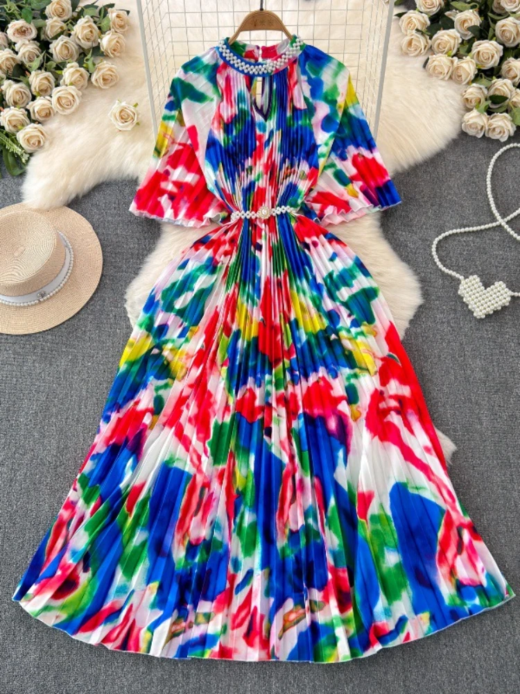 Women Vintage Floral Pleated Dress Spring Summer Stand Collar A-line Print Dresses Ladies Elegant Slim Evening Party Long Robe