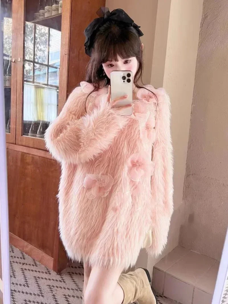 Neploe Loose Heavy Duty Beaded Flower Knitted Dress 2024 Women Autumn Winter Sweet Large Thickened Mink Fleece Sweater Dresses