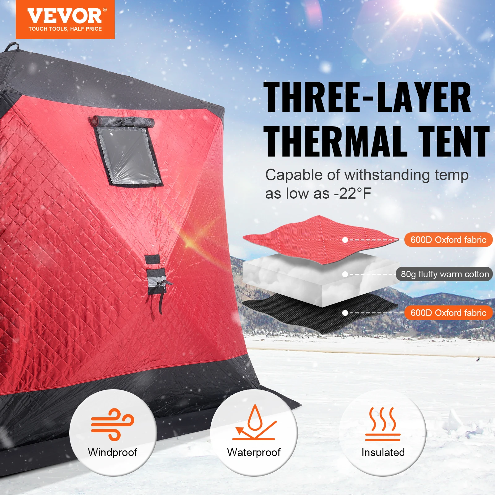 VEVOR Portable Ice Shelter 6-8 Person Insulated Pop-Up Ice Fishing Tent 50Square Feet Area Thermal Ice Shanty for Winter Fishing