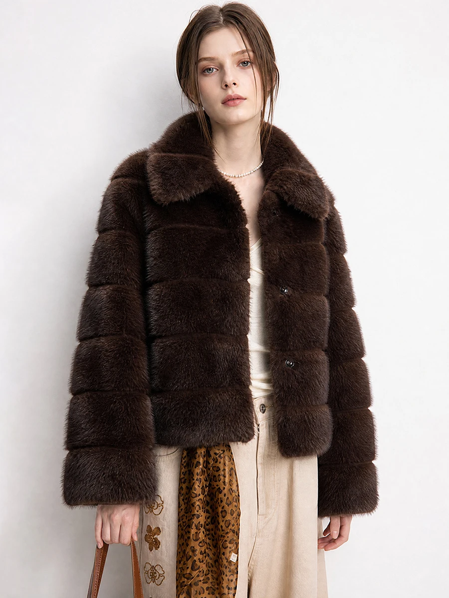 2026 Autumn Winter Women Faux Mink Fur Jacket Tiered Quilted Lapel Collar Button Front Fluffy Short Coat