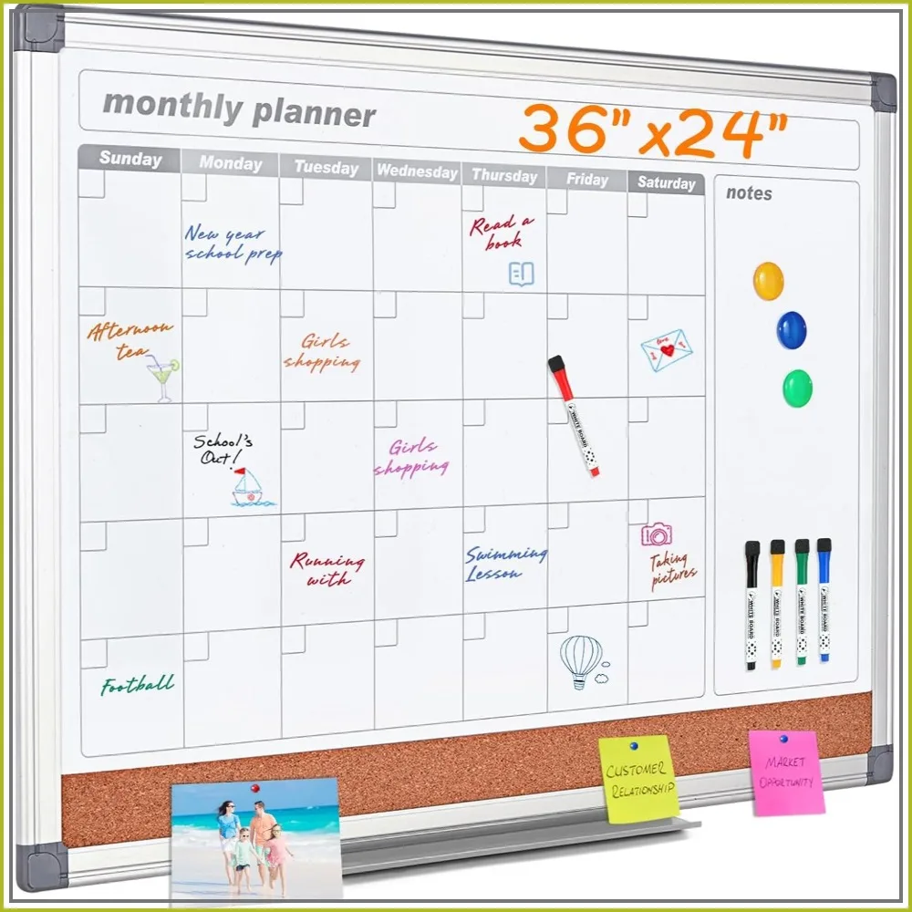 

36" x 24" Large Dry Erase Calendar Whiteboard with Cork Board for Office Home School Family Kitchen Bedroom