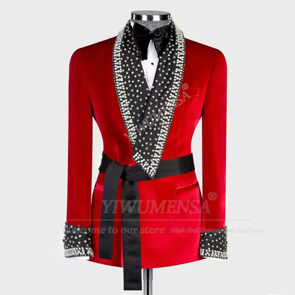 

Роскошные бархатные костюмы с кристаллами из бисера, мужские приталенные двубортные пиджаки, брюки, комплект из 2 предметов, смокинги для жениха, мужские модные пиджаки для выпускного вечера