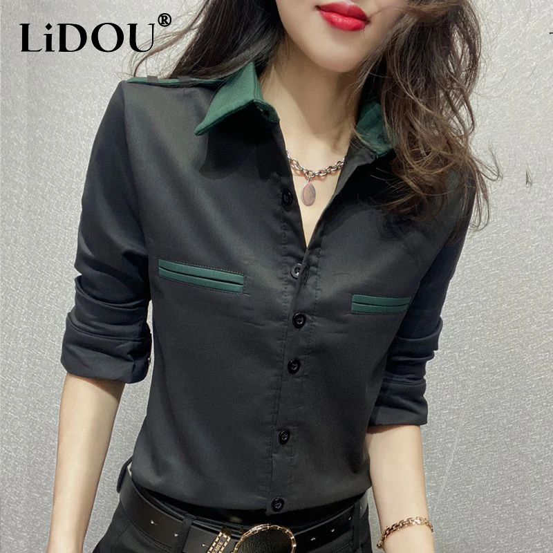 Spring Summer Korean Fashion Patchwork Elegant Shirt Female Long Sleeve Slim Blouse Top Women All-match Bottomiong Cardigans