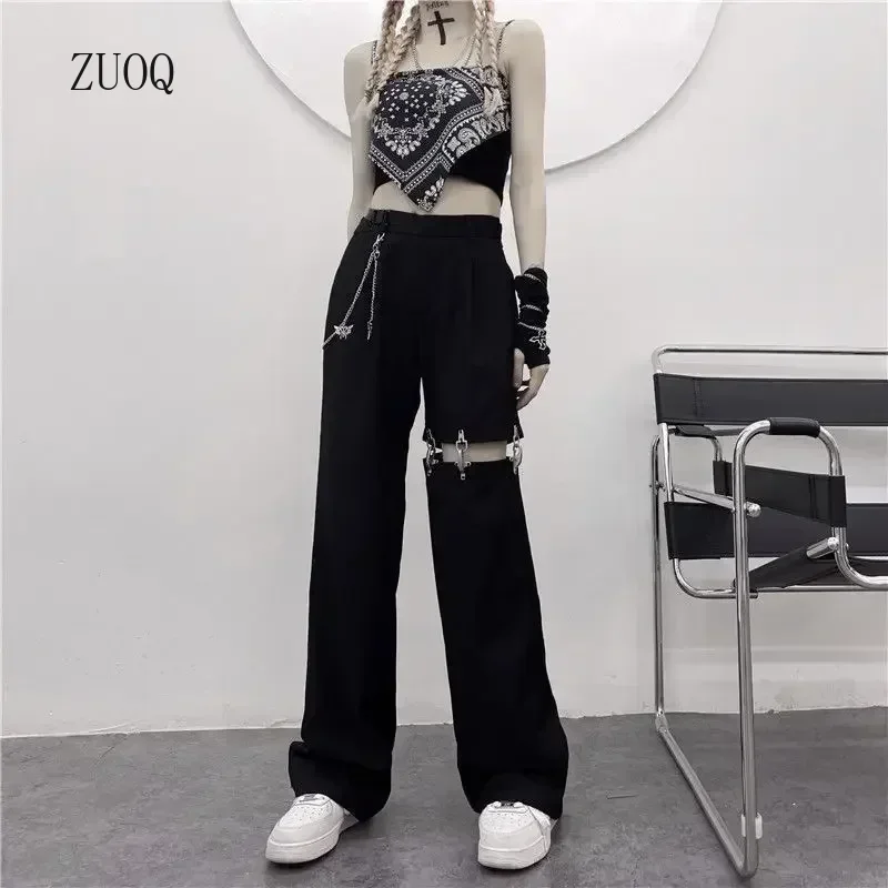 

2025 Harajuku Streetwear Women Pants with Belt Chain Hip Hop Loose Hollow Pants Woman Summer Straight Leg Trousers