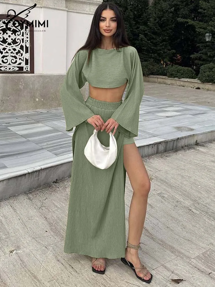 

Oymimi Women's Avocado Green Ribbed 2-Piece Set 2026 Spring Crop Flare Sleeve Top High-Waist Slit Maxi Skirt Sexy Casual Outfit