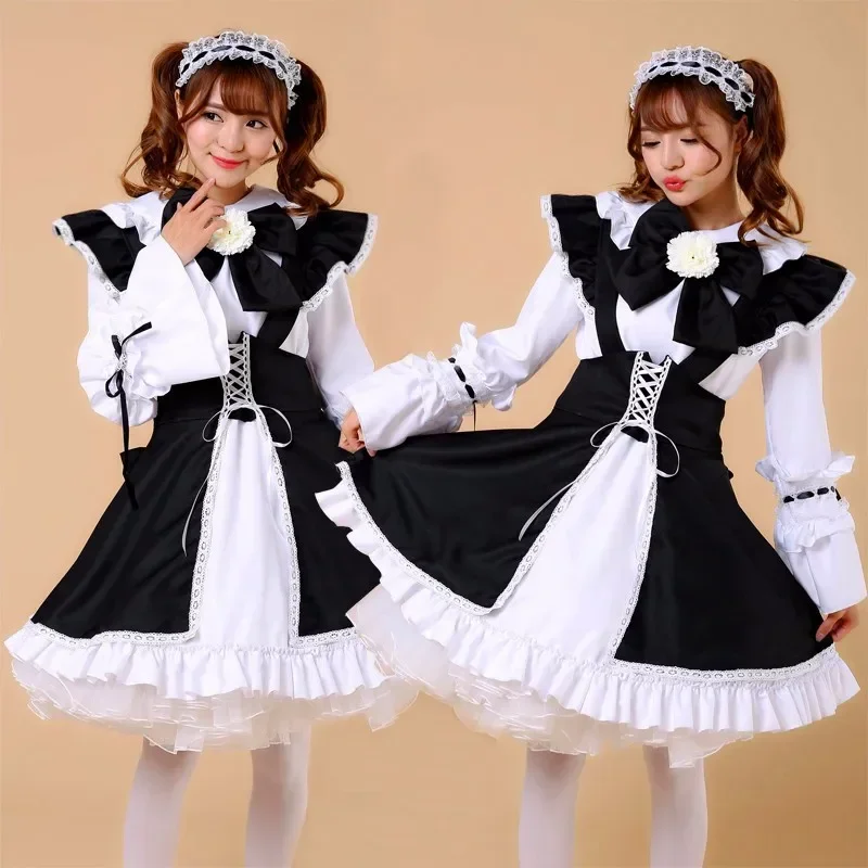 Gothic Black Lolita Maid Lace Dress Cute Cosplay Girls Outfit Long Sleeves Halloween Costume For Women Plus Size