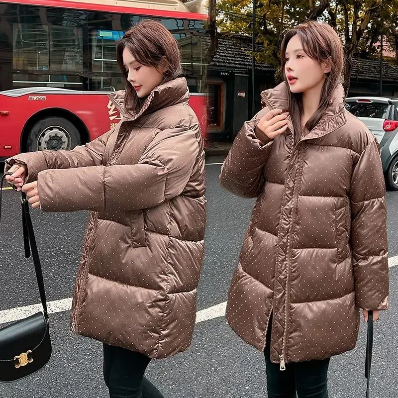 2024 Winter New Thick Warm Parkas Fashion Long Down Coats Women Elegant Zipper Wave Spot Cotton Jackets Female Outerwear