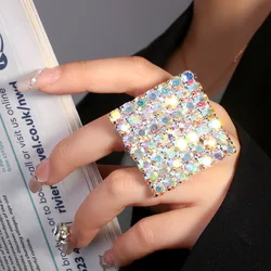 Stonefans Crystal Exaggerated Square Rings Finger Jewelry Adjustable Large Geometric Rhinestone Open Rings Hand Decoration Dance