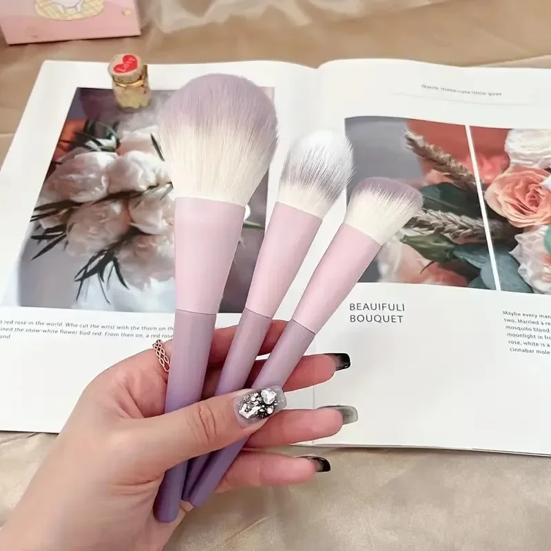 10 Uds. Brocha de maquillaje con mango de plástico degradado rosa y morado, brocha para polvos, brocha para maquillaje y base, brocha correctora