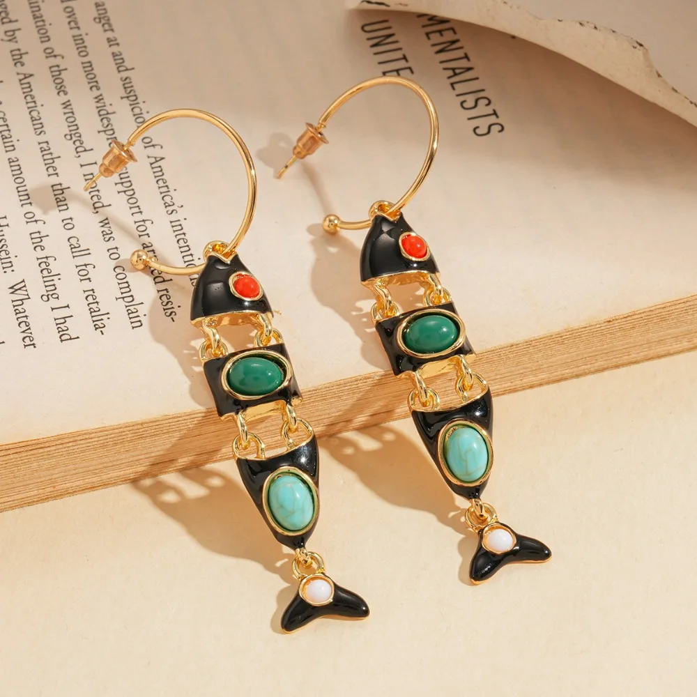 Cool Vintage Little Fish Earrings Exaggerate Unique Ethnic Style Earrings Gothic Niche Design Enamel Dangle Earrings Women