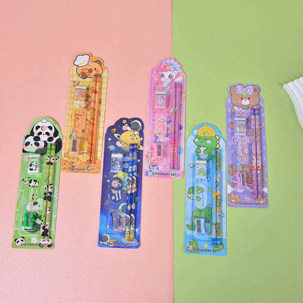 Kids Cartoon 5-Piece Stationery Set Complete Pencil Ruler Eraser Combo Cute Back To School Gift School Office Suppliers
