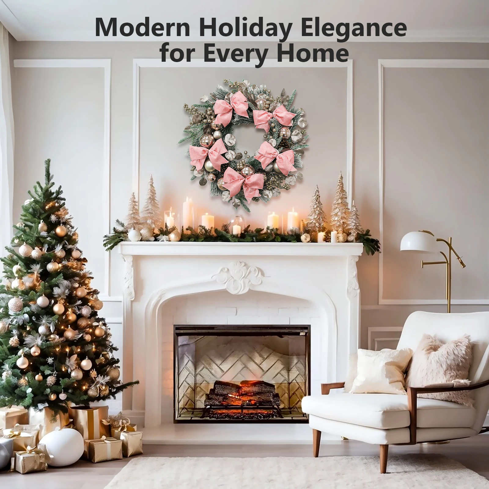 

Festive 24" Front Door Christmas Wreath Pre-Decorated with Pink Bow and Balls, Ready-to-Hang Outdoor Holiday Decoration