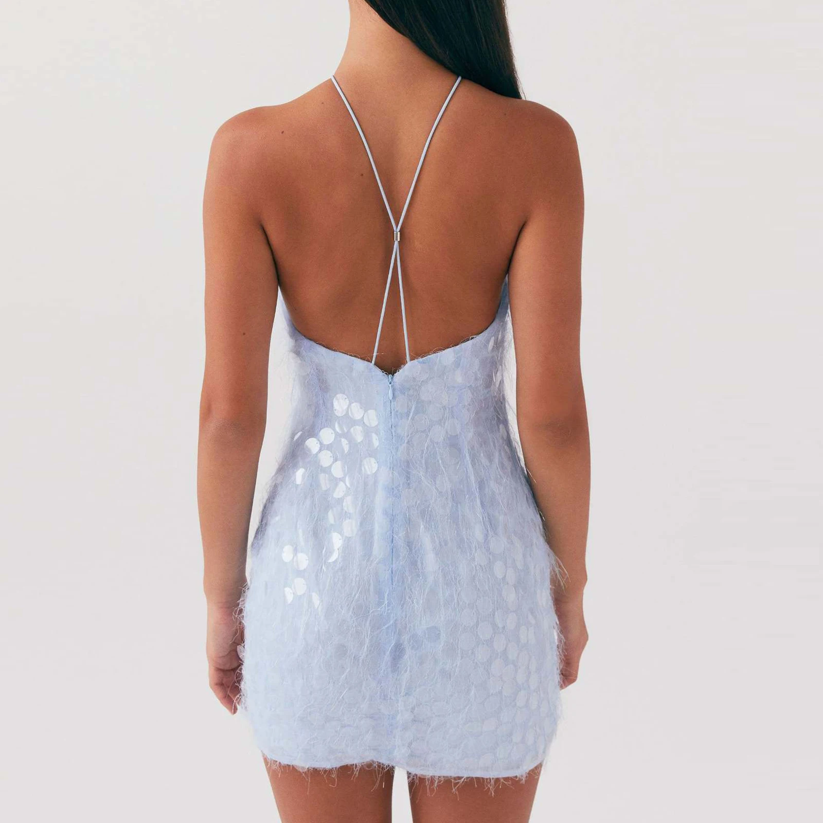 여성 Halterneck Soild 슬립 드레스 스파게티 스트랩 Backless Shiny Sequins 클럽 파티를위한 슬림 피트 여름 미니 드레스