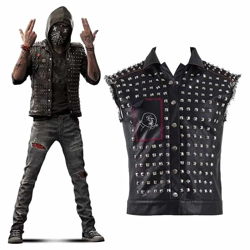 Game Watch Dogs Black leather Vest Cosplay Costumes Halloween Carnival Party Outfit For Man