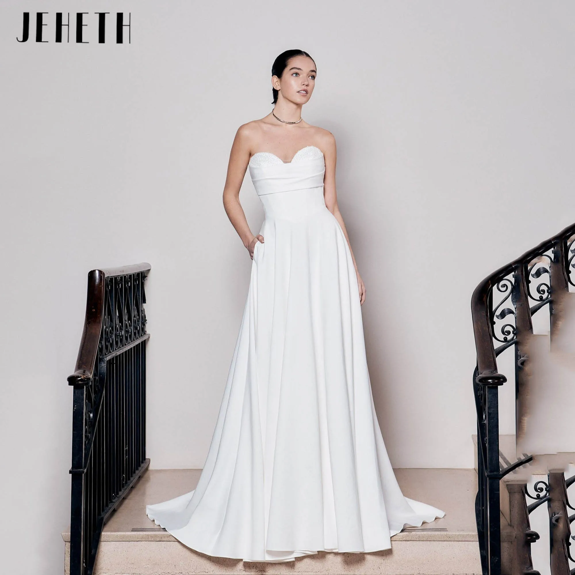JEHETH Classic Sweetheart Satin Wedding Dress A-line Lace Minimalism Bridal Gowns Backless Sleeveless robe de mariée Customized