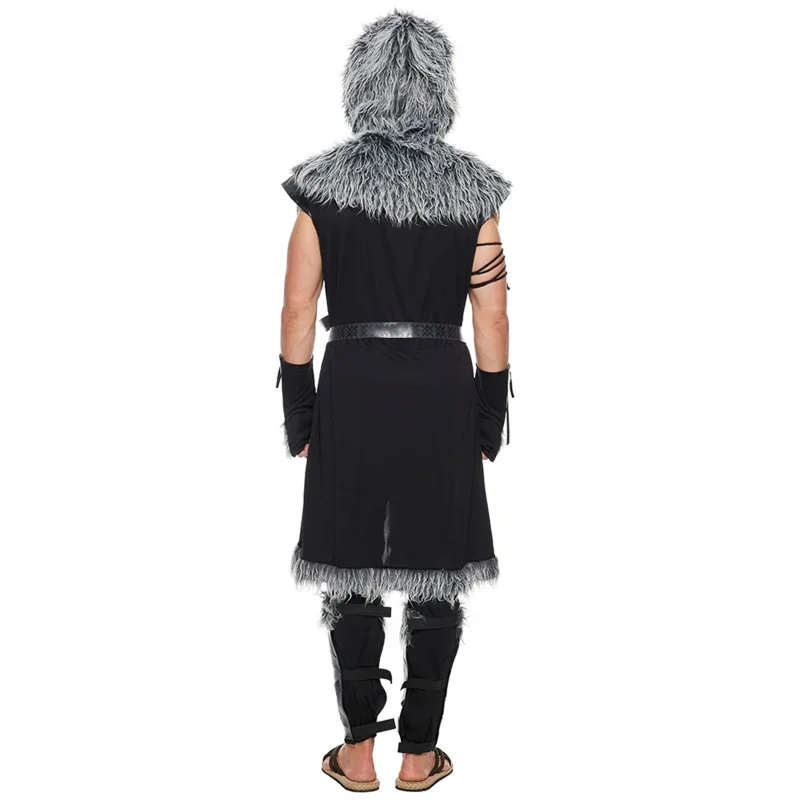 Eraspooky Men Viking Wolf Costume Medieval Werewolf Warrior Cosplay Adult Halloween Costumes Fur Leather Jumpsuit Full Set OA292