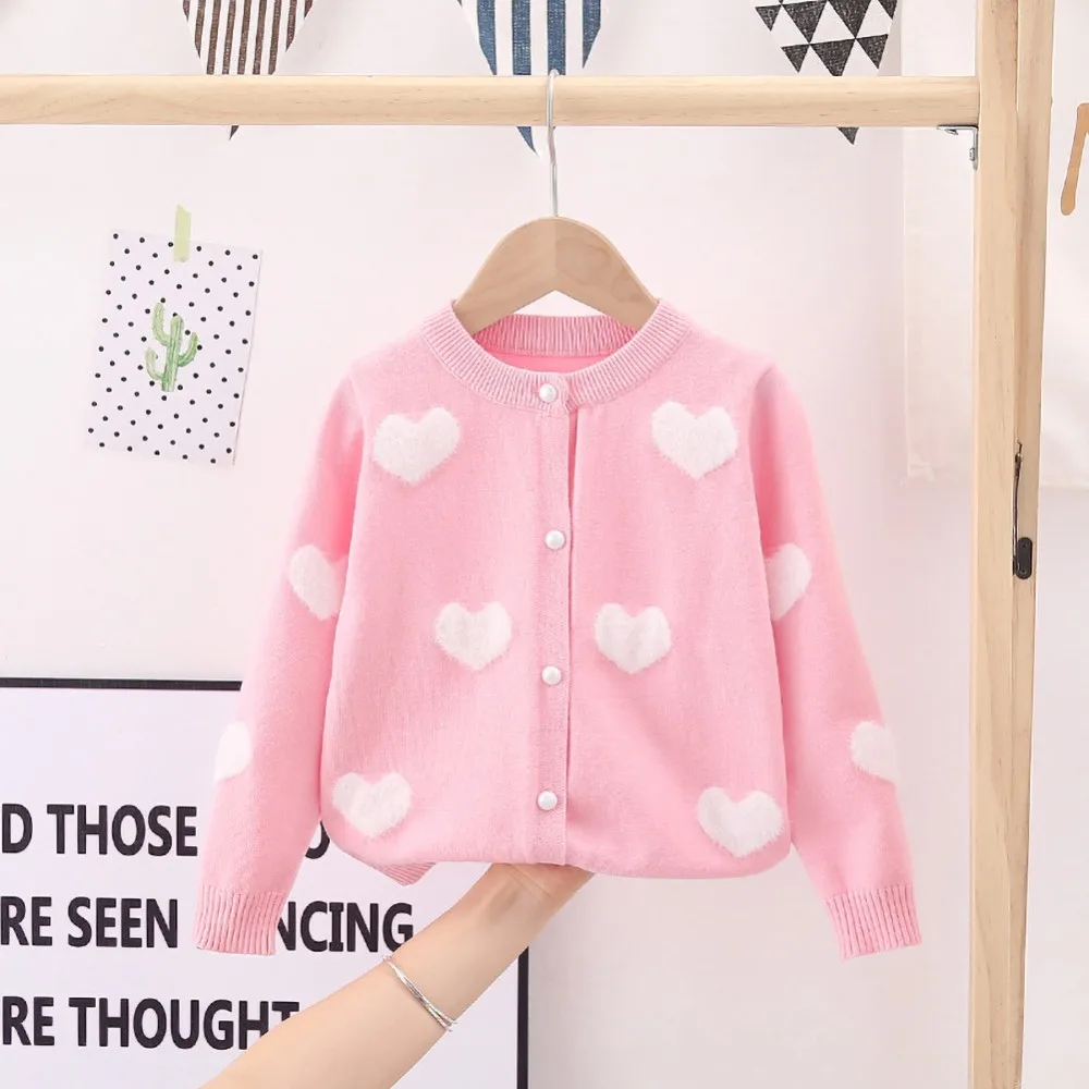 New 2024 Baby Girls Fashion Knitted Cardigan Sweater Kids Autumn Warm Heart Embroidery Button Sweater Jacket Coat Cotton T-Shirt