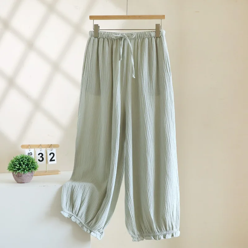 

2025 New Spring and Autumn Women's Sleeper Pants 100% Cotton Crepe Lantern Pants Loose Straight Tube Home Long Pants Lady
