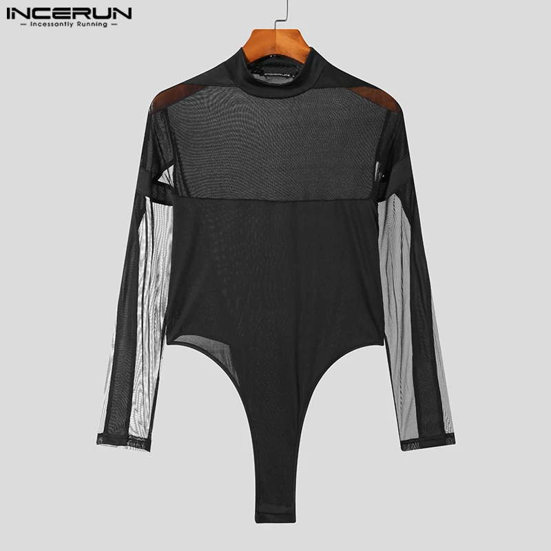 2023 Men Bodysuits Turtleneck Long Sleeve Mesh Sexy Male Rompers T Shirts Fitness Fashion Transparent Bodysuit S-5XL INCERUN