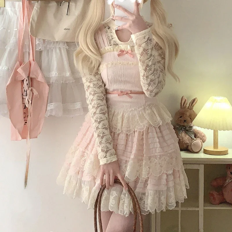 Lolita Style Kawaii Clothing 2 Piece Skirt Set Women Kawaii Lace Party Mini Skirt 2023 Autumn Cute Lolita Suits Y2k Bow Crop Top