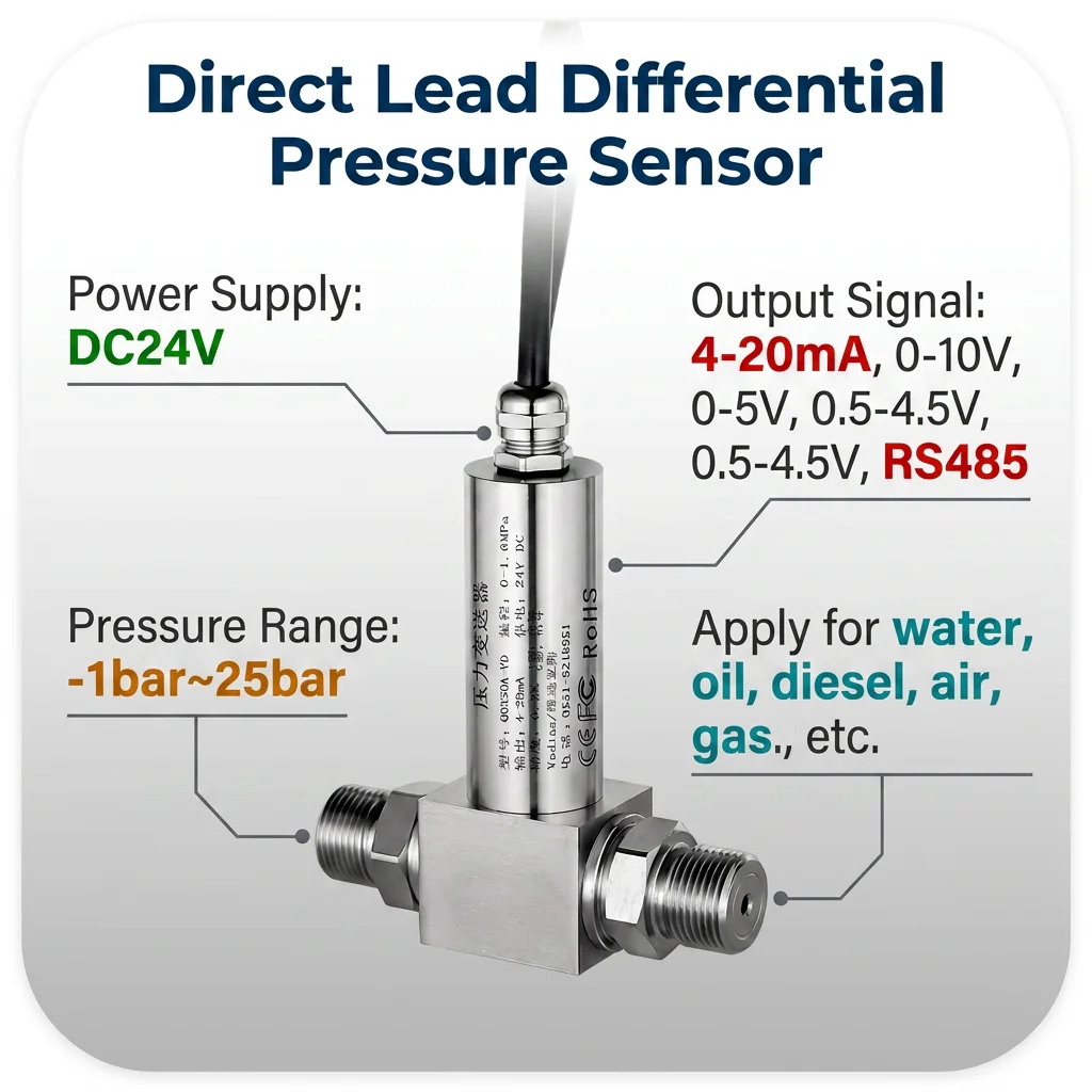 G1/4 Differential Pressure Transmitter 0-2.5Mpa 500Kpa 4-20mA 0-10V RS485 M20*1.5 Differential Pressure Sensor Transducer