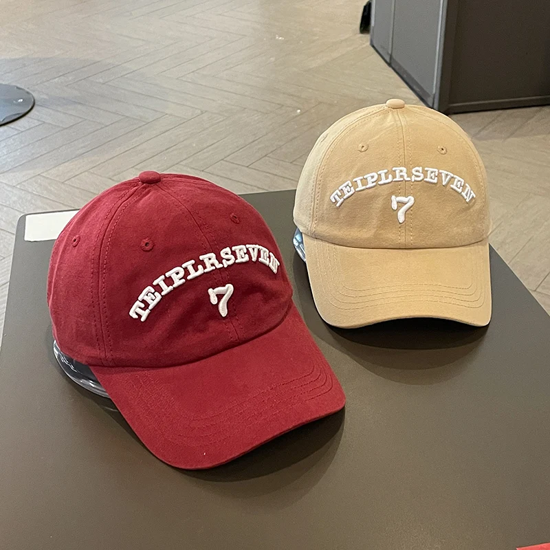 Couple's Wine Red Peaked Cap Letter Logo Face-Showing Primary School Student Retro Baseball Cap Female 2023 Spring New