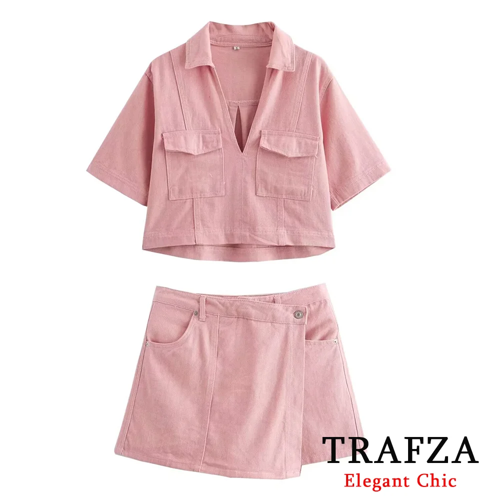 TRAFZA Casual Pink Denim Short Jacket Set Women Lapel Jacket Shorts Skirts Set New 2024 Summer Fasion Holiday Commuter Set