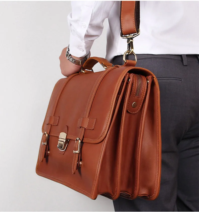 Men\'s Genuine Leather Briefcase With Dial Lock 14 inch Laptop Business Bag Cowhide PC Handbag Men Work Tote Shoulder Bag