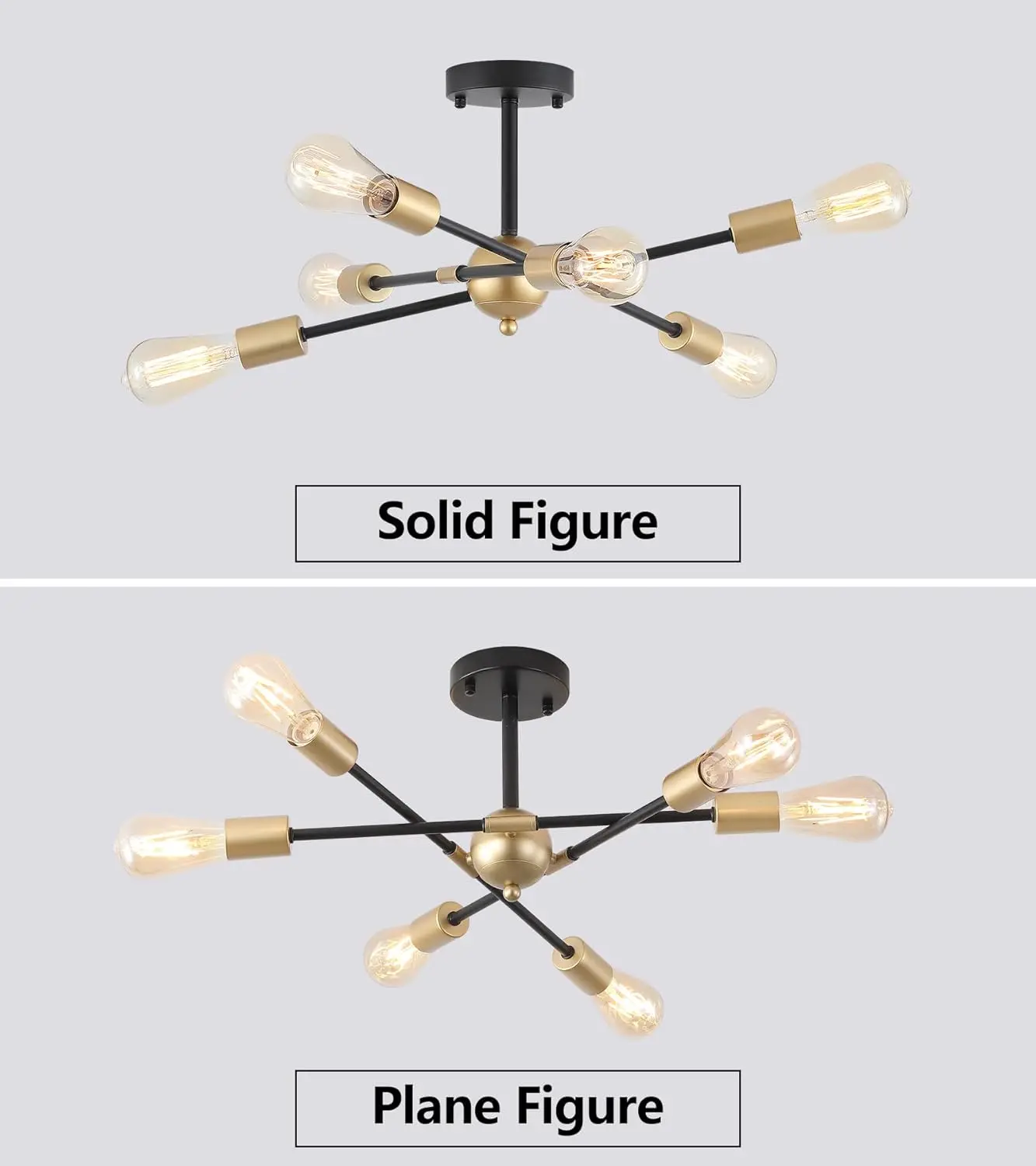 Modern Semi Flush Mount Ceiling Light Fixture Black And Gold Close To Ceiling Light 6-Light Sputnik Chandelier Light Fixture