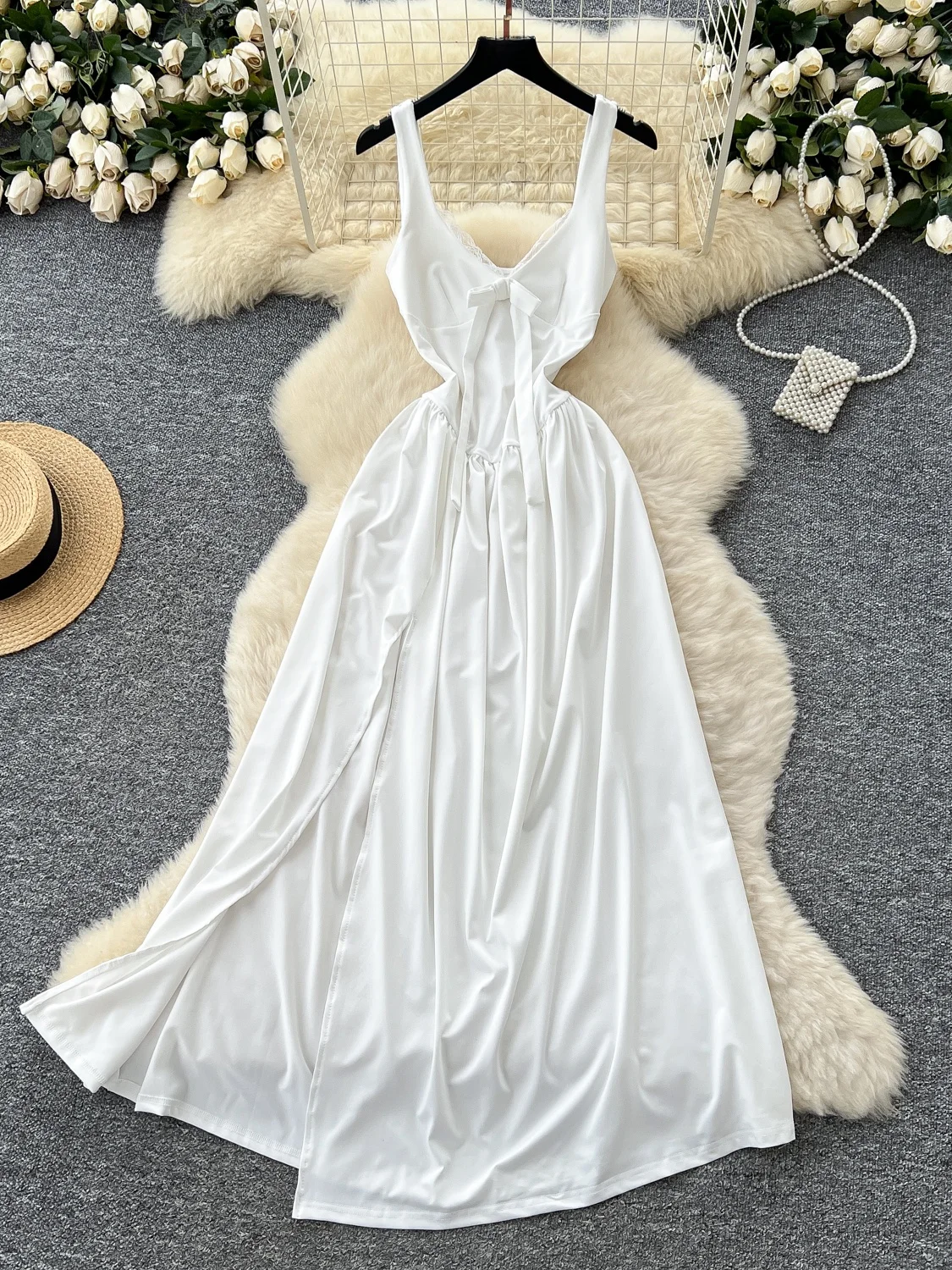 

White Holiday Style Women's Dress 2025 Summer Design Sense Slit Waist Cinching Knot Strap Dress Korean Style High W...