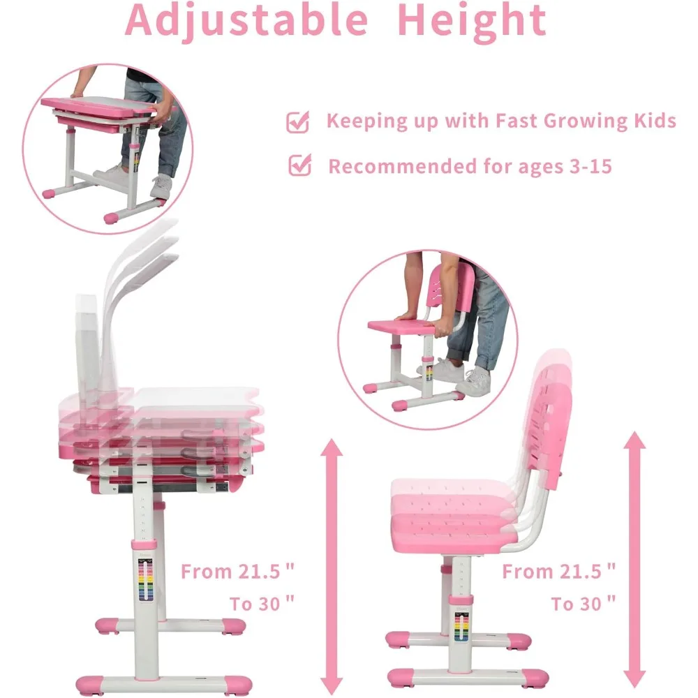 Study Table Set,Multifunctional Height Adjustable with Tilting Tables Top,LED Lights,Metal Hooks,Children's Table and Chair Sets