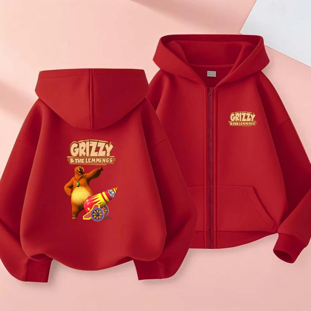 Grizzy And The Lemming Kids Cartoon Print Spring Autumn Zipper Hooded Sweatshirs 2-13 Years Boys Girls Outfits Top Clothing