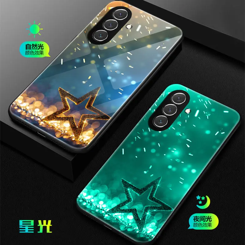 Luminous Tempered Glass Phone Case For Samsung Galaxy A35 Cover For Samsung Galaxy A35 Case Cover Glowing in Dark Cat and Fish