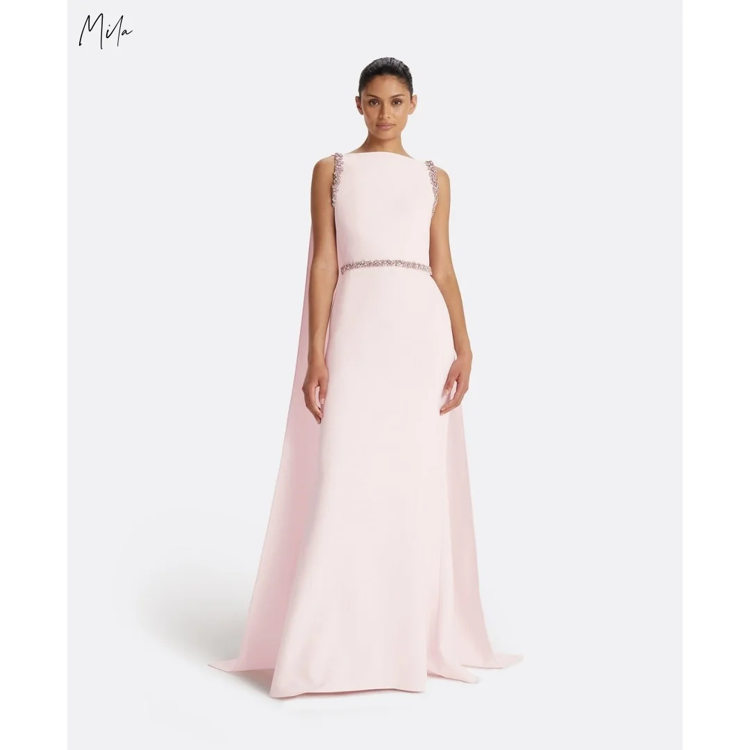 Mila Light Pink Crew Neck Sleeveless Beaded Shoulder Cape Crystal Waist Customized Prom Dresses Fitted Maxi Skirt Formal Evening