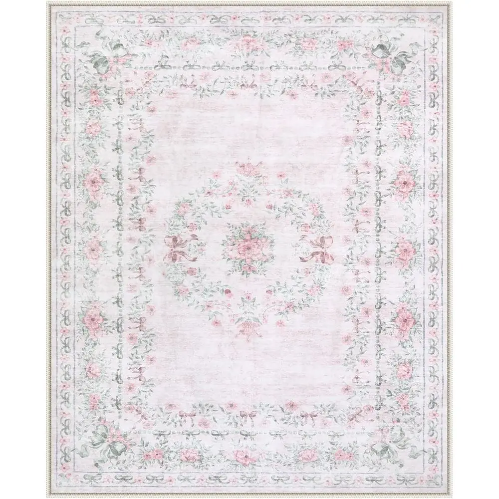 8x10 Light Pink Floral Bow Rug, Washable Soft Boho Style for Girls' Bedroom, Kids' Room, and Nursery