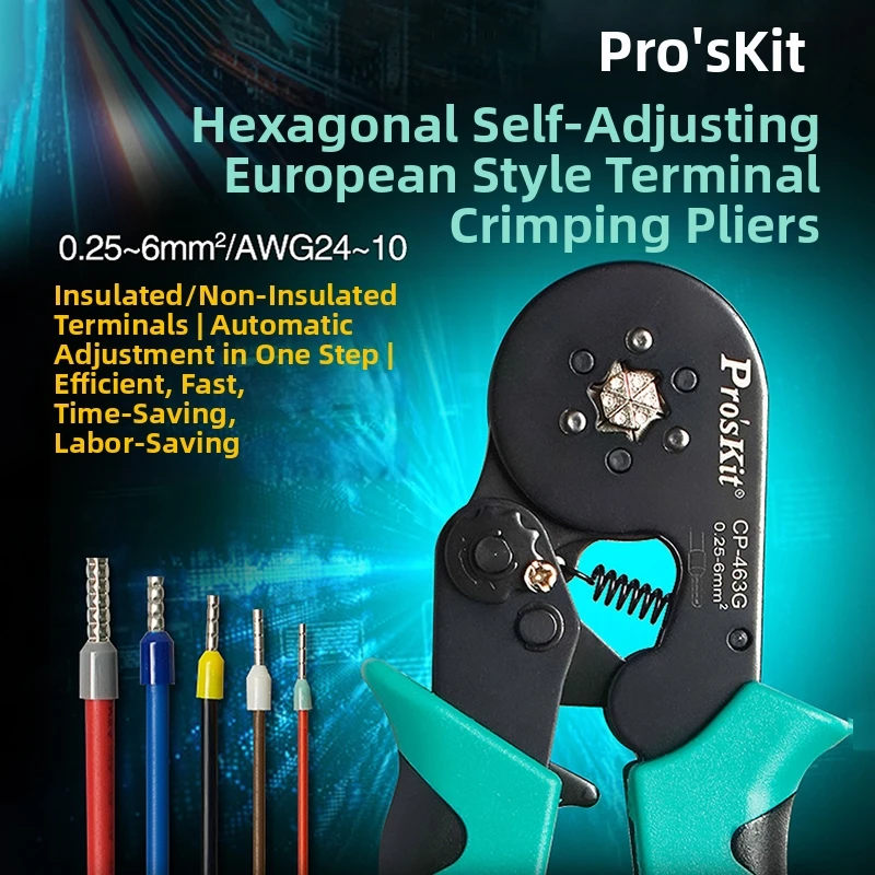 Pro'sKit Crimping Pliers, Electrician Dedicated Self-adjusting European Tubular Terminal Cold Press Terminal Pliers, Hexagonal C