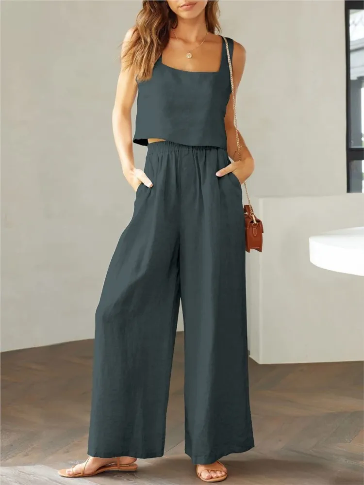 Fashion Square Collar Halters Vest Wide Leg Trousers Suit Women Summer Casual Simple Sleeveless Solid ColorTop Female 2piece Set