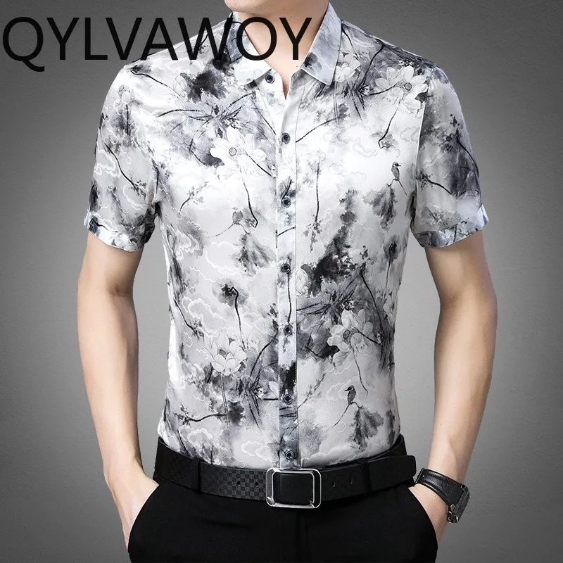 QYLVAWOY 92.5% Real Mulberry Silk Men's Shirts Printed Summer Man Shirt Short Sleeve Shirts for Man Clothes Ink Wash Style Tops