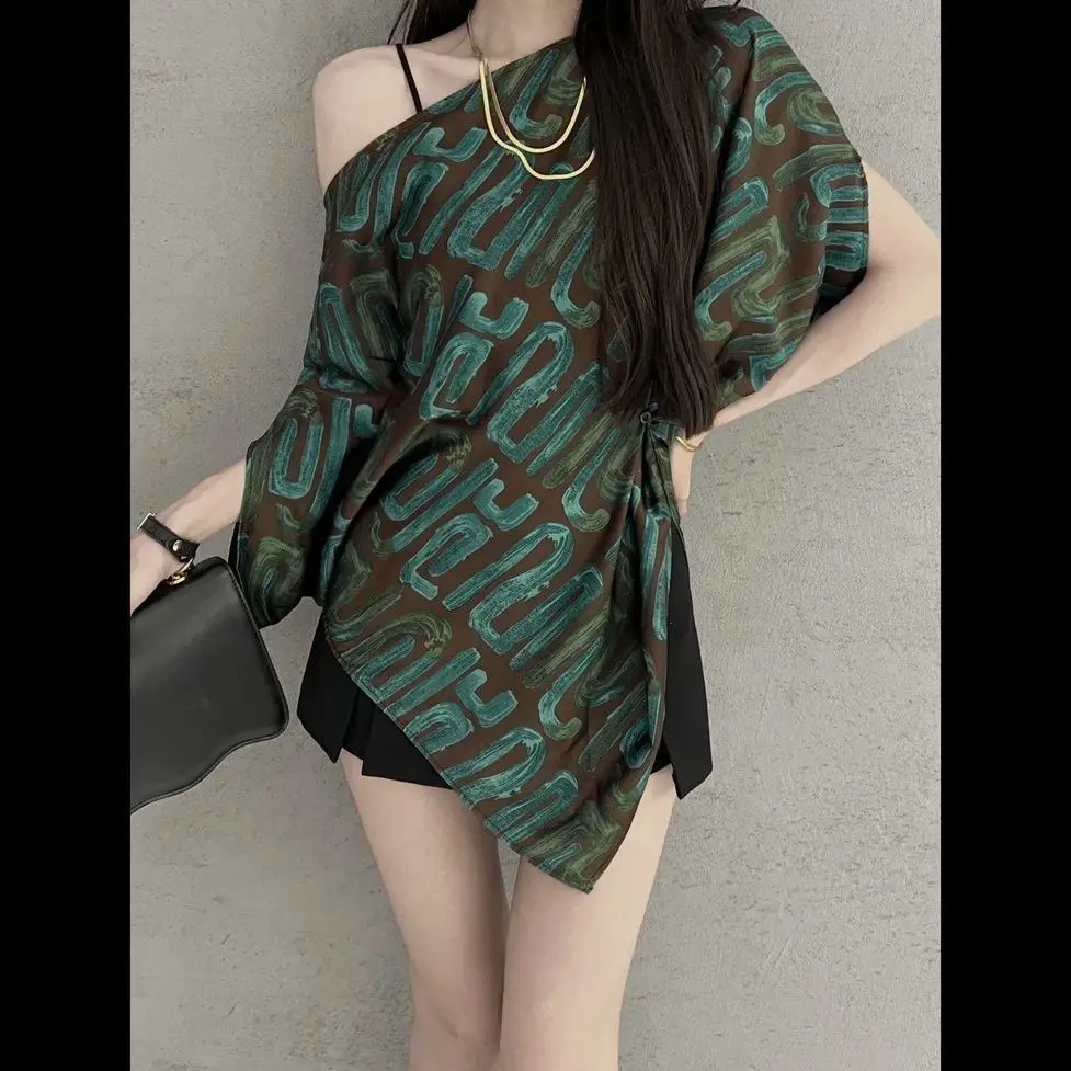 قميص نسائي مخطط أنيق موضة الصيف بدون أكتاف فضفاض #5