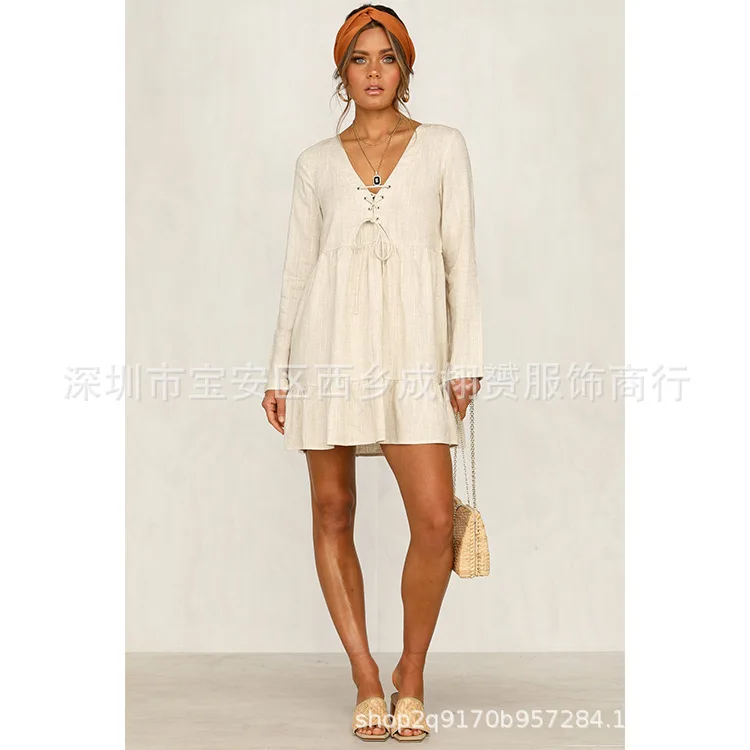 

Early Autumn 2025 V-Neck Rivet Tied Cotton Linen Long Sleeved Dress 0524