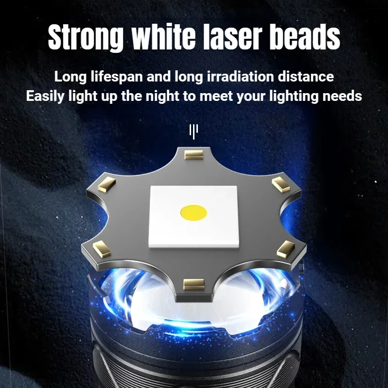 Powerful 150000LM Led Flashlight 3*18650 Battery Zoomable White Laser Torch Type-C Charging Outdoor Camping Tactical Lantern