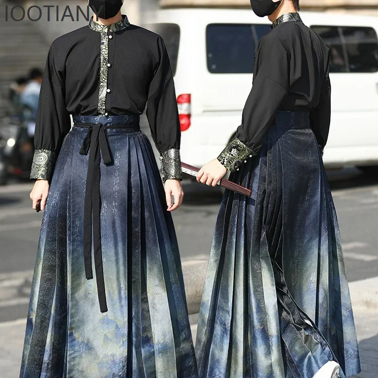 

CosplayBlack Ming Dynasty Gradient Horse-faced Skirt Unisex Retro Traditional Chinese Ancient Hanfu Modern Men's Dress Set Daily