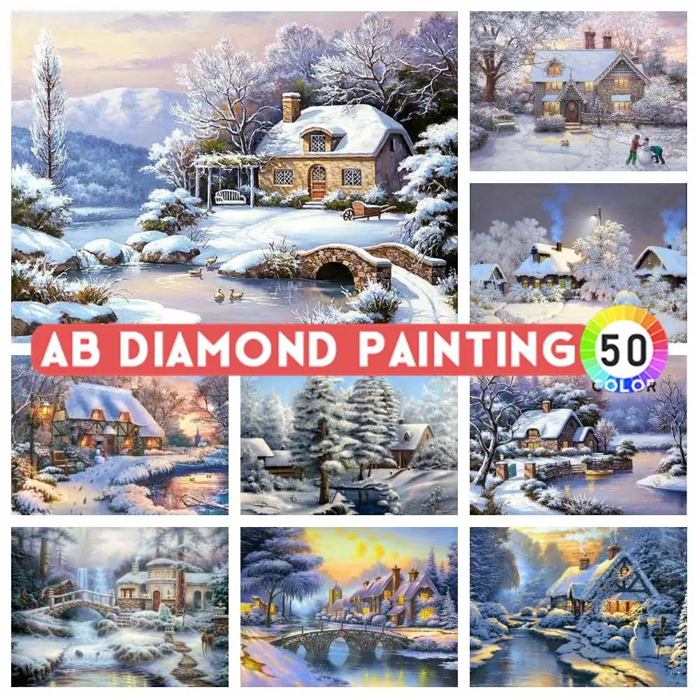 AB Drills DIY Diamond Embroidery Winter Full Square Diamond Painting Landscape Rhinestones Mosaic Cross Stitch House Wall Decor