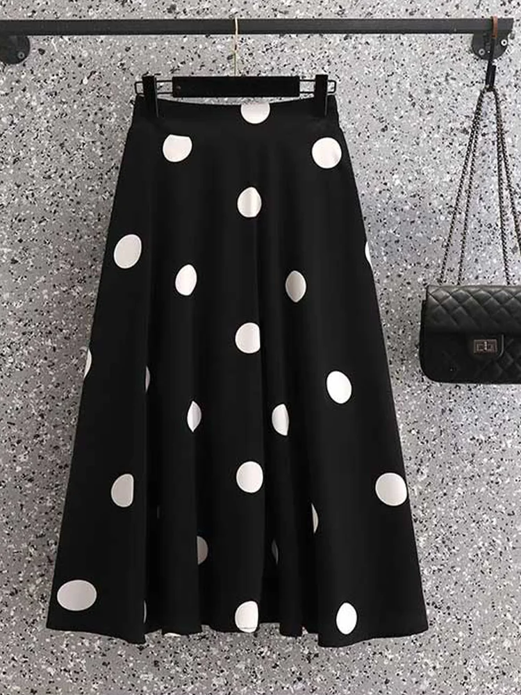 Korea Style Sweet Polka Dot Printed Midi Skirt Women 2023 Autumn Winter High Waist Tired Cake Skirts Black White Khaki Skirts