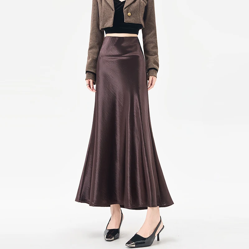 Amerykańska spódnica midi w kształcie litery A z wysokim stanem, damska, jesień 2025, nowa, wyszczuplająca, satynowa spódnica z octanu o długości do połowy łydki.