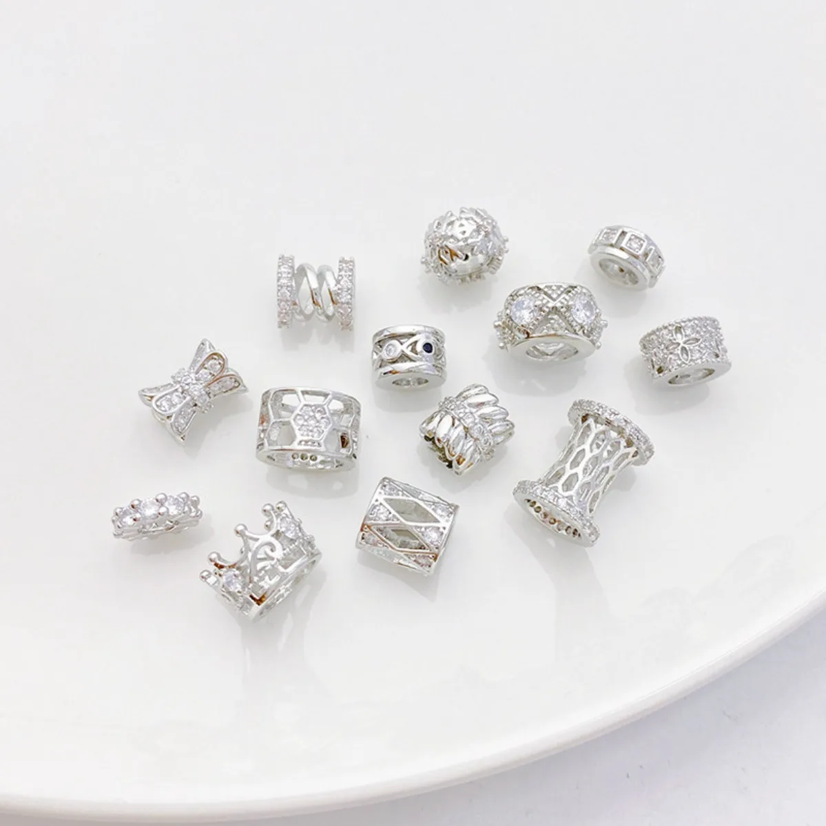 White Gold Tone Color Retention Crown Honeycomb Flower Basket Barrel Loose Spacer Beads DIY Bracelet Necklace Findings