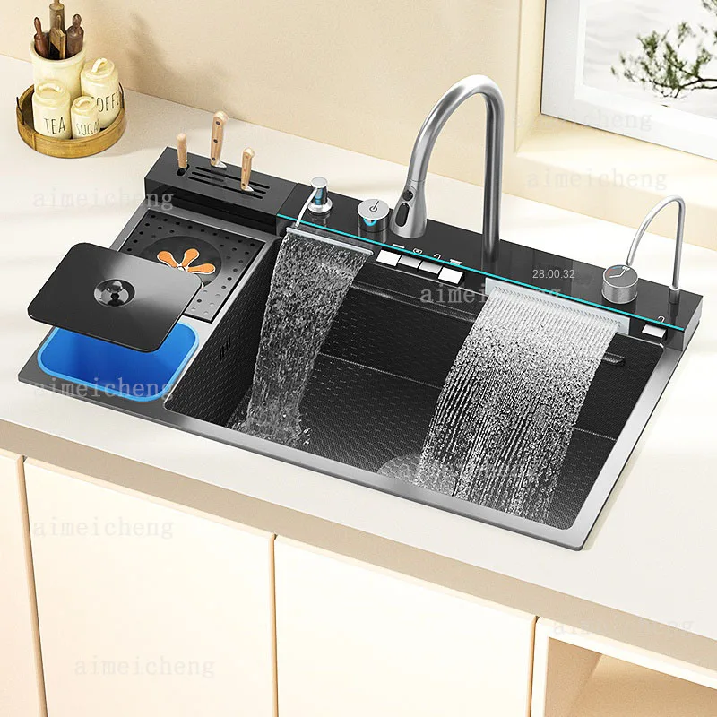 ステンレス鋼のカスケードキッチンシンク,ナイフホルダー付き,エンボス加工,特大,シングルスロット,デジタルディスプレイ蛇口セット
